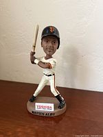 Front view of Moises Alou bobblehead showing sponsor logo and nameplate