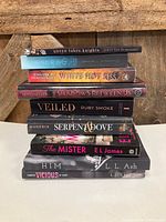 Front view of vertically stacked books showing spines and titles