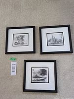Front view of all three framed prints laid out on carpet