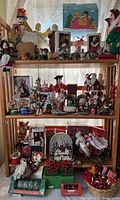 Full three-tier shelf view showing majority of vintage Christmas items