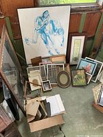 Overview of assorted frames, prints and box of mat boards