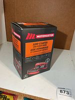 Front of boxed Motomaster jump starter showing branding and specs