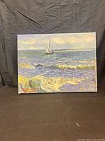 Front view of entire canvas print showing seascape with sailboats and waves