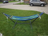 Assembled hammock on steel frame, full view