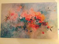 Full view of the floral print on silk fabric showing colorful abstract flowers and surrounding design.