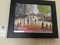 Framed original watercolor painting showing an impressionistic scene with abstract figures and nature elements.