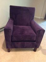 Front view of purple microsuede upholstered Lawrence armchair with cushioned seat and squared armrests.
