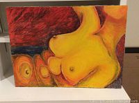 Front view of oil painting showing abstract subject in bright yellow, orange, and red colors with dark background.