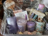 Overall view of wrapped gift basket and contents