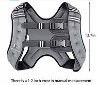 Front view of gray weighted vest showing dual buckles, reflective stripes, 13.7 in height and 3 in thickness