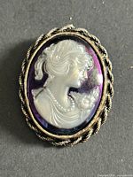 Front view of cameo brooch showing relief, background colour and frame detail