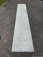 Full view of light blue and gray oriental medallion runner rug on pavement