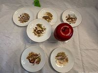 Group shot of six porcelain plates with apple for scale
