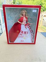 Front of box showing 2010 Holiday Barbie doll and packaging