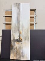 Full view of the vertical abstract canvas showing texture, color palette and overall condition