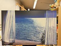 Front view of entire canvas showing seascape scene, curtains, and sunlight on water