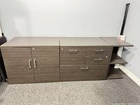 Full view of assembled credenza showing cabinet, drawer unit and shelf extension