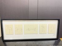 Wide black frame containing five beige panels with Picasso line drawings and signature