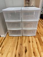 Front view of the two Sterilite 3-drawer units showing six clear drawers and white frames