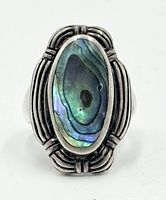 Front view showing abalone cabochon and ribbed silver border