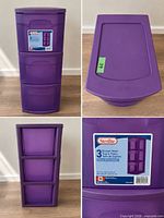 Front view of purple Sterilite 3-drawer tower showing overall appearance