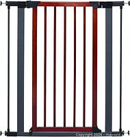 Front view of gate fully assembled showing wood slats and metal frame