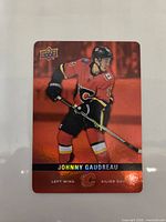 Front view of 2019-20 Upper Deck Tim Hortons Red Die-Cut Johnny Gaudreau card