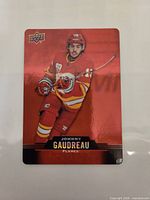 Front view of Johnny Gaudreau Upper Deck Tim Hortons Red Die-Cut card