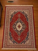 Full view of rug showing complete pattern and fringe