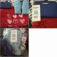 All four items laid out: wallet, mittens, pajama top, blouse in packaging