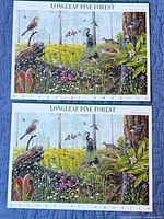 Front of both Longleaf Pine Forest stamp sheets showing artwork and stamps