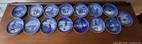 All 16 Royal Copenhagen blue annual plates laid out in order