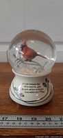 Front view of glass globe with cardinal and inscription on base
