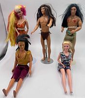 Group shot of all five dolls upright and seated