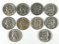 Obverse of ten Washington silver quarters showing dates and wear