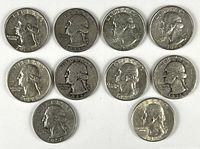 Obverse view of 10 Washington silver quarters