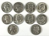 Obverse view of all 10 Washington quarters laid out in two rows