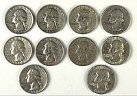 Obverse of 10 Washington quarters showing varied dates and wear