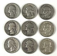Obverse of nine Washington silver quarters with visible dates