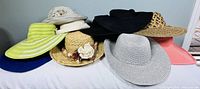Group shot of nine assorted women’s hats on table