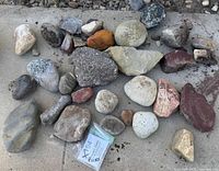 All stones laid out on concrete showing variety of shapes, sizes and colors