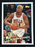 Front of Dennis Rodman Topps card showing player image and card details