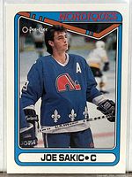Front of Joe Sakic O-Pee-Chee #384 card showing player image and team graphics