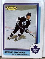 Front of Steve Thomas 1986-87 O-Pee-Chee rookie card #245 showing action image and team logo