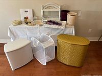 Group shot showing both vinyl hampers and mesh hamper