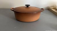 Side view of oval Dutch oven with lid showing exterior color and wear