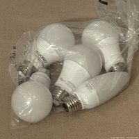 Five frosted white LED bulbs in plastic bag