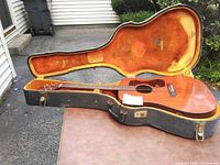 Guitar in open hard case showing body top and interior of case