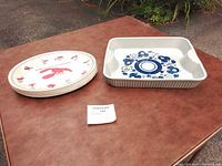 Baking dish and stacked dinner plates on table