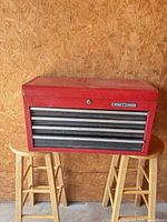 Front view of closed Craftsman red steel toolbox with four drawers
